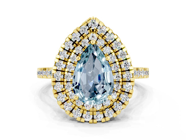 Yellow gold Double Halo Pear Cut Aquamarine Pavé Band with Four-Prong Setting