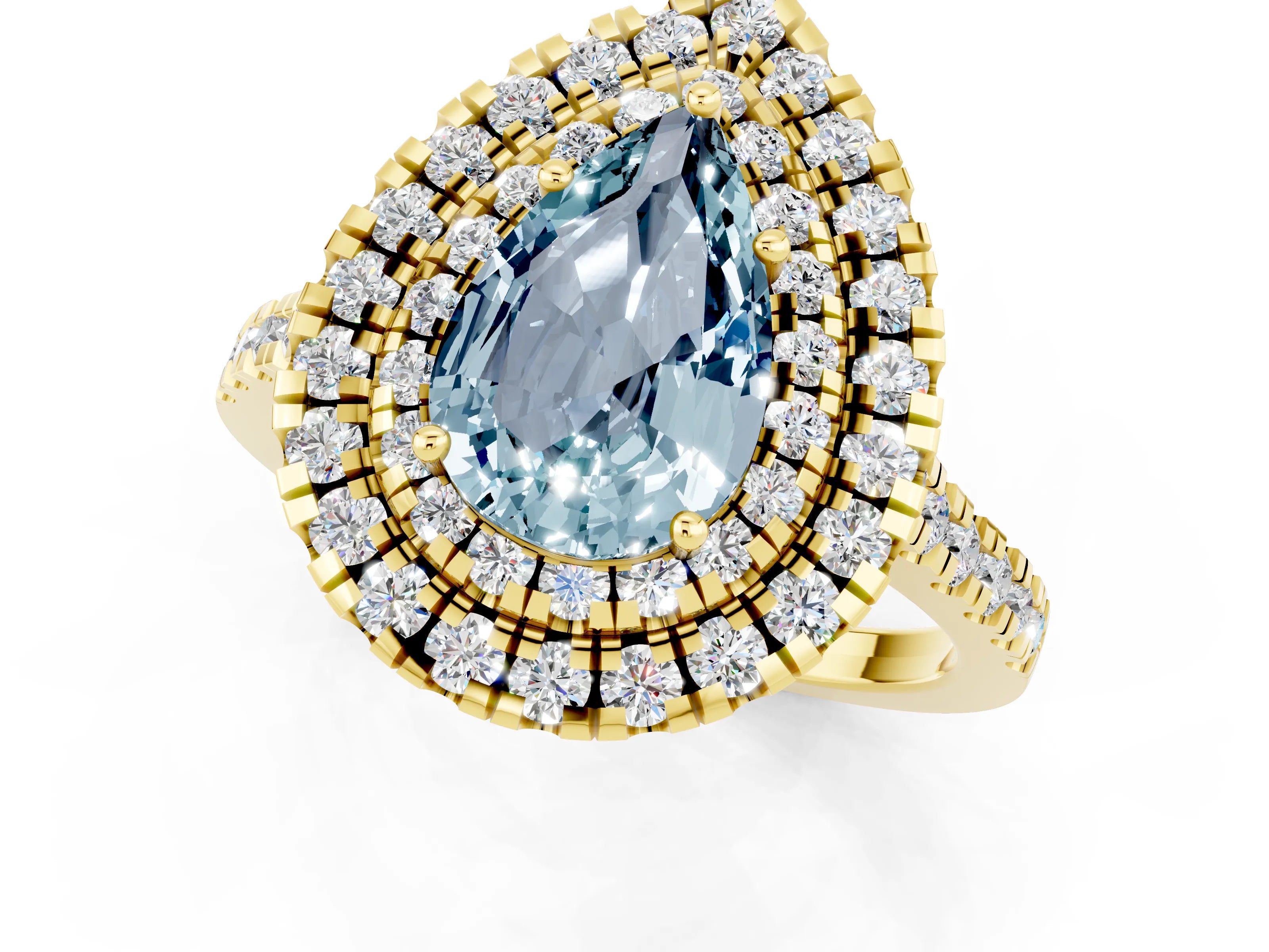 Yellow gold Double Halo Pear Cut Aquamarine Pavé Band with Four-Prong Setting_1