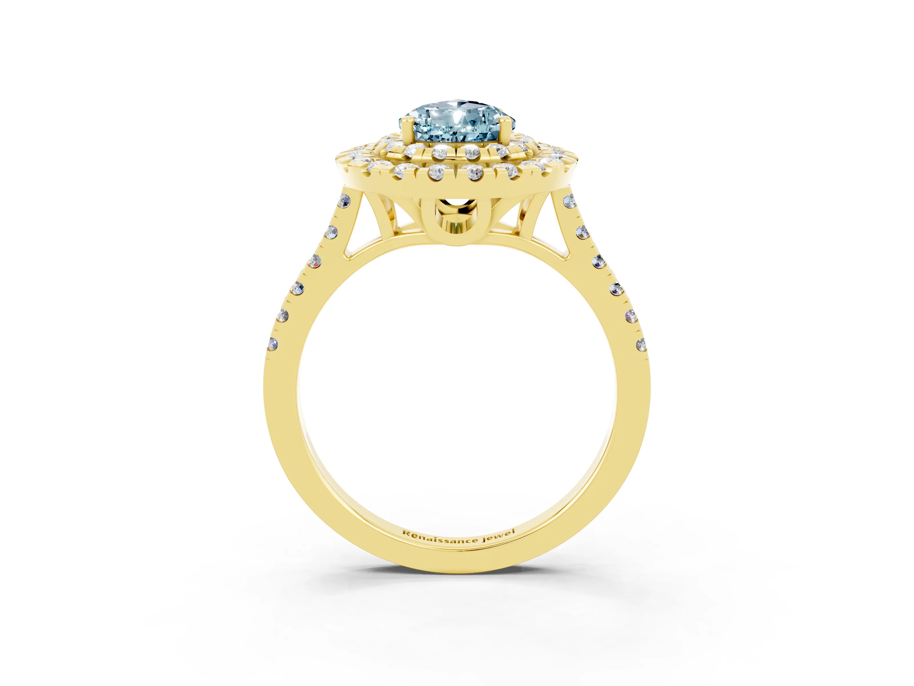 Yellow gold Double Halo Pear Cut Aquamarine Pavé Band with Four-Prong Setting_3