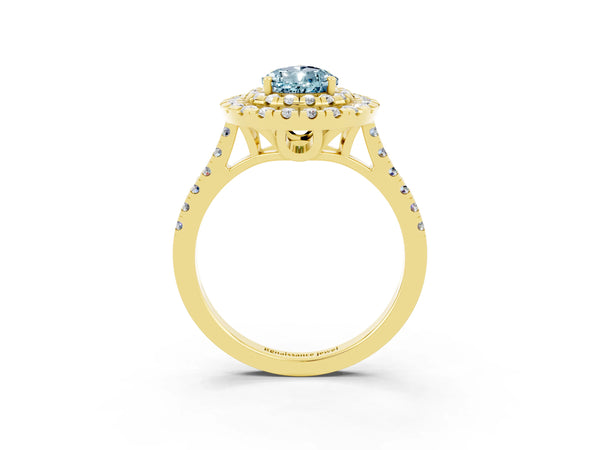 Yellow gold Double Halo Pear Cut Aquamarine Pavé Band with Four-Prong Setting