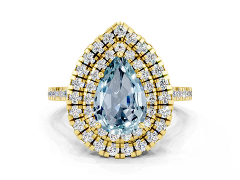 Yellow gold Double Halo Pear Cut Aquamarine Pavé Band with Four-Prong Setting