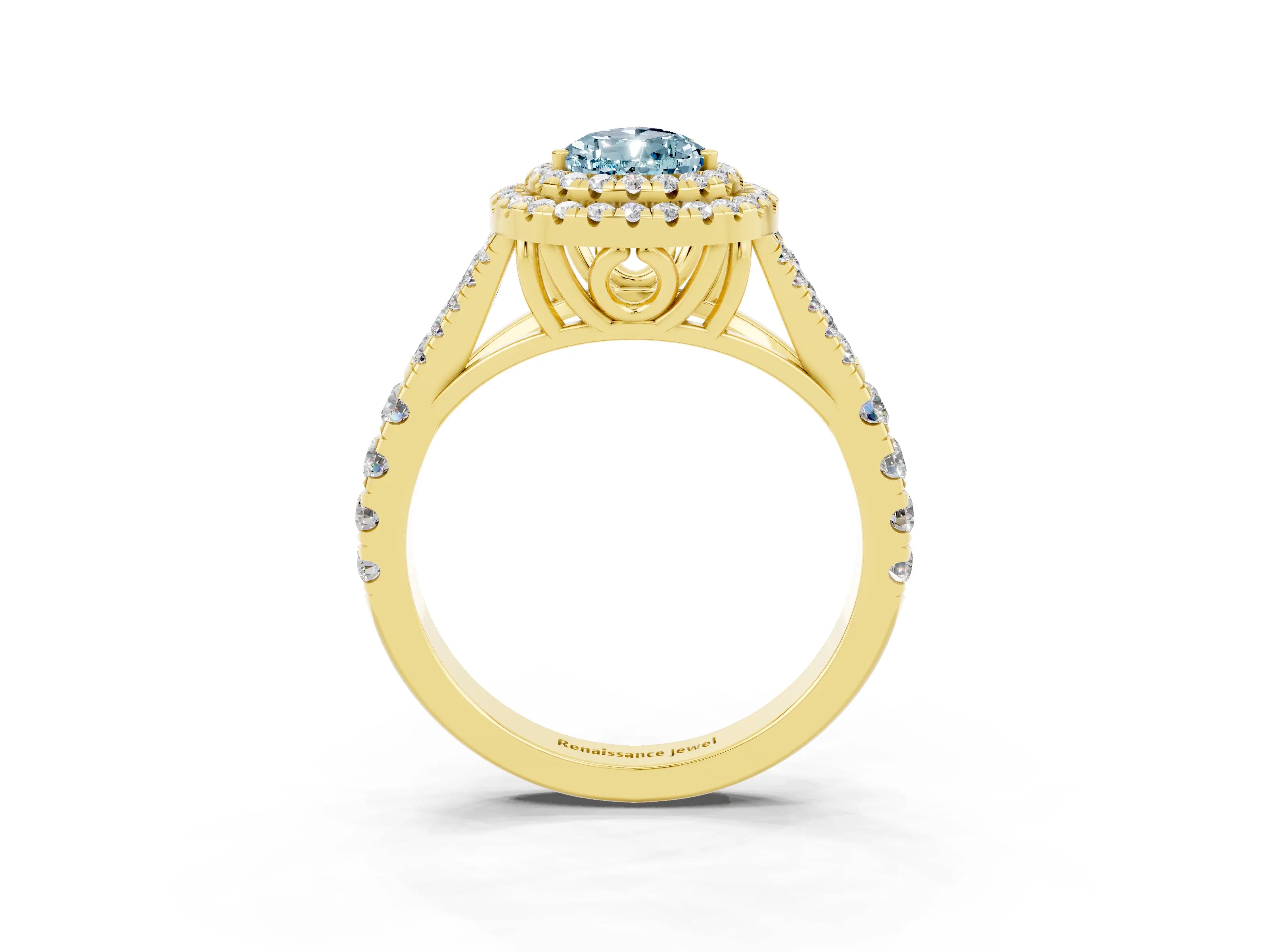 Yellow gold Double Halo Pear Cut Aquamarine Pavé Split Shank Ring with Prong Setting_3
