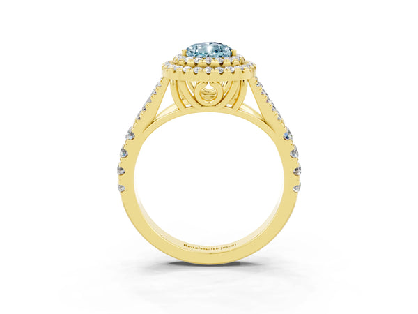 Yellow gold Double Halo Pear Cut Aquamarine Pavé Split Shank Ring with Prong Setting