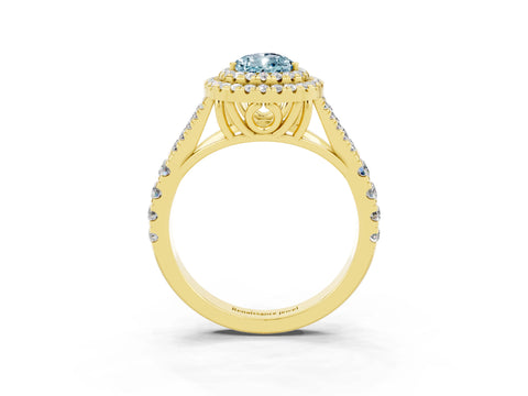 Yellow gold Double Halo Pear Cut Aquamarine Pavé Split Shank Ring with Prong Setting_3