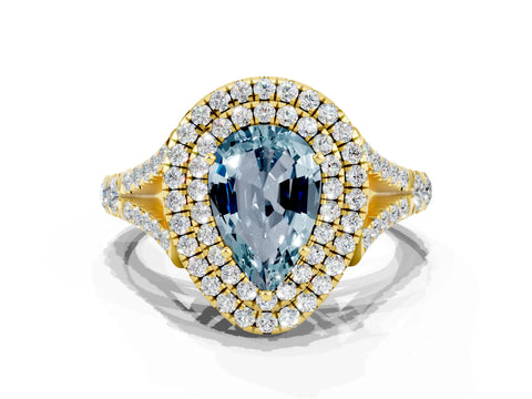 Yellow gold Double Halo Pear Cut Aquamarine Pavé Split Shank Ring with Prong Setting