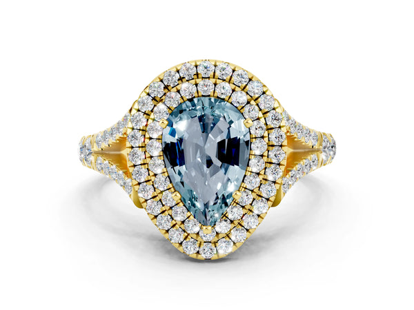 Yellow gold Double Halo Pear Cut Aquamarine Split Shank Engagement Ring with Four-Prong Setting
