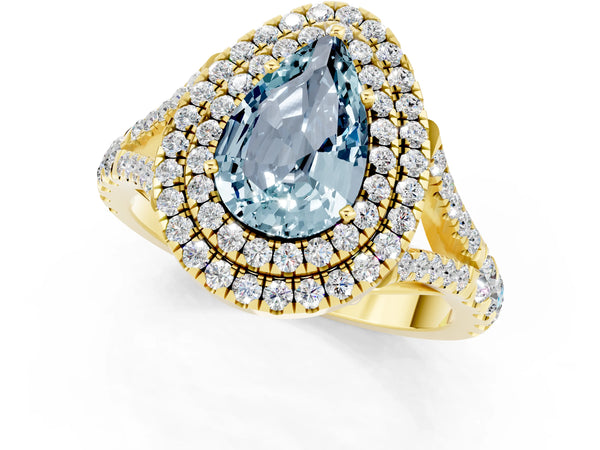 Yellow gold Double Halo Pear Cut Aquamarine Split Shank Engagement Ring with Four-Prong Setting