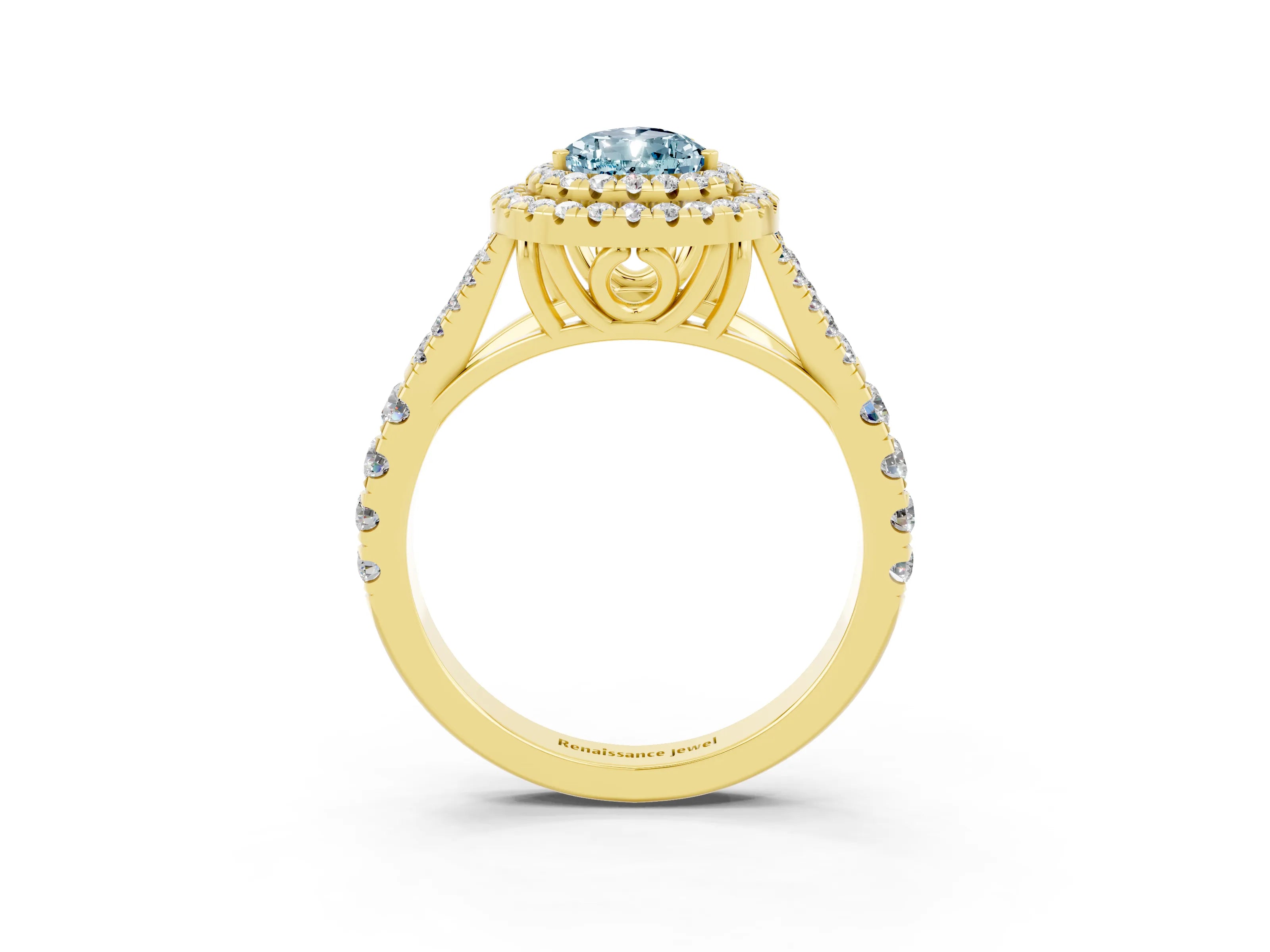 Yellow gold Double Halo Pear Cut Aquamarine Split Shank Engagement Ring with Four-Prong Setting_3