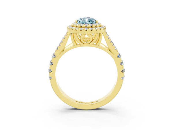 Yellow gold Double Halo Pear Cut Aquamarine Split Shank Engagement Ring with Four-Prong Setting