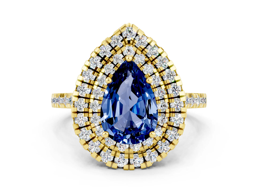 Yellow gold Double Halo Pear Cut Blue Sapphire Pavé Band with Four-Prong Setting