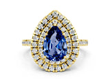 Yellow gold Double Halo Pear Cut Blue Sapphire Pavé Band with Four-Prong Setting