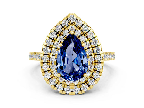 Yellow gold Double Halo Pear Cut Blue Sapphire Pavé Band with Four-Prong Setting