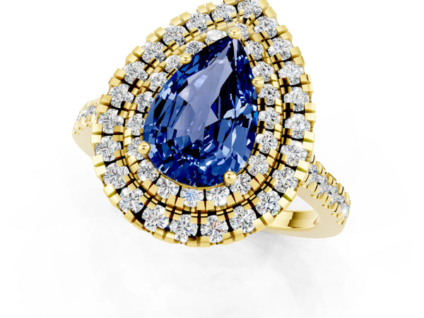 Yellow gold Double Halo Pear Cut Blue Sapphire Pavé Band with Four-Prong Setting