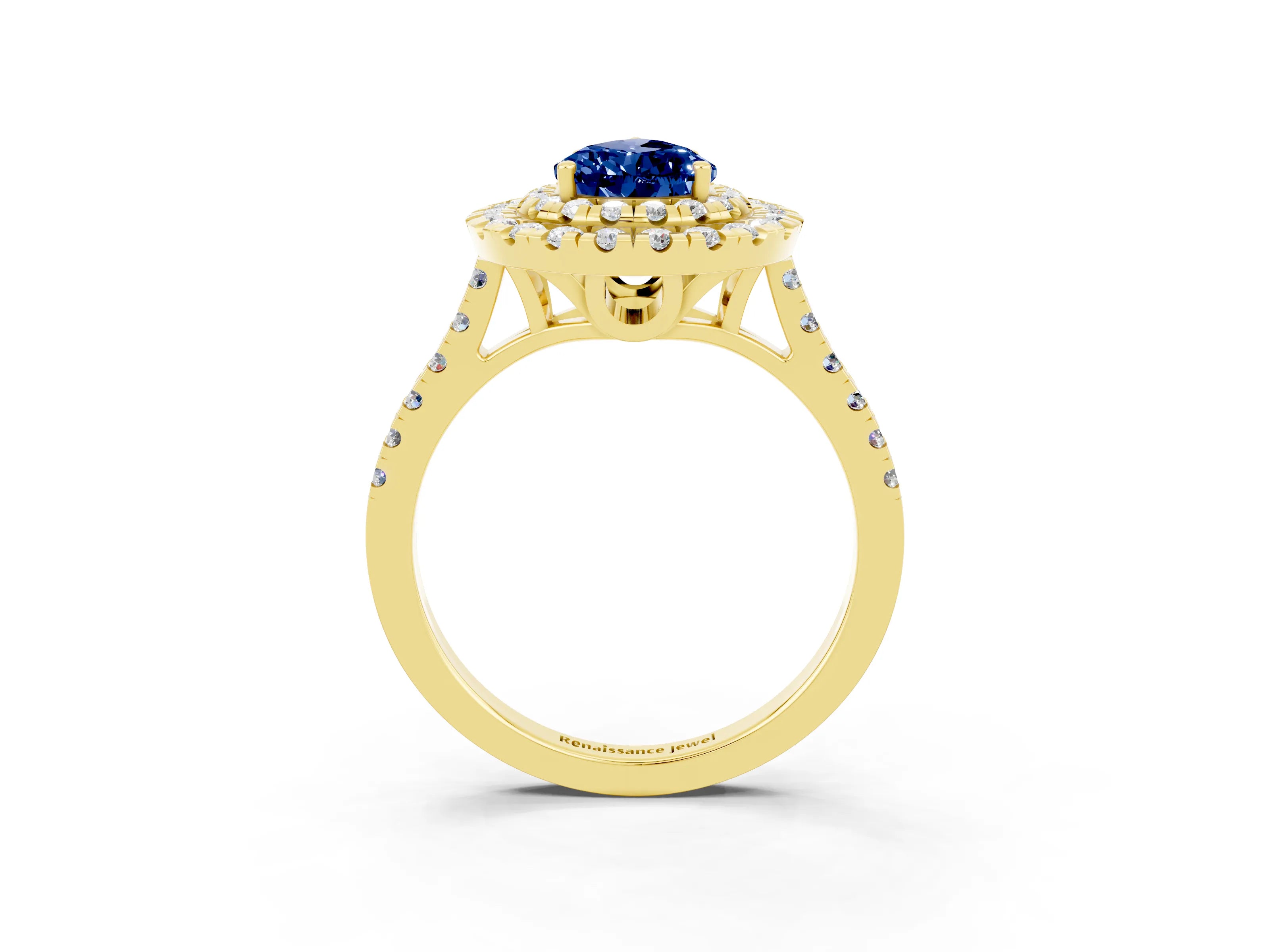 Yellow gold Double Halo Pear Cut Blue Sapphire Pavé Band with Four-Prong Setting_3