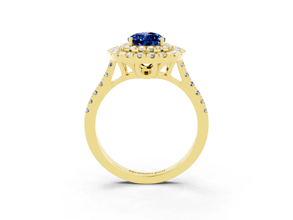 Yellow gold Double Halo Pear Cut Blue Sapphire Pavé Band with Four-Prong Setting