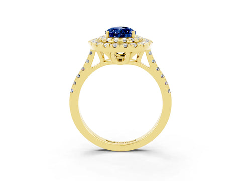 Yellow gold Double Halo Pear Cut Blue Sapphire Pavé Band with Four-Prong Setting_3