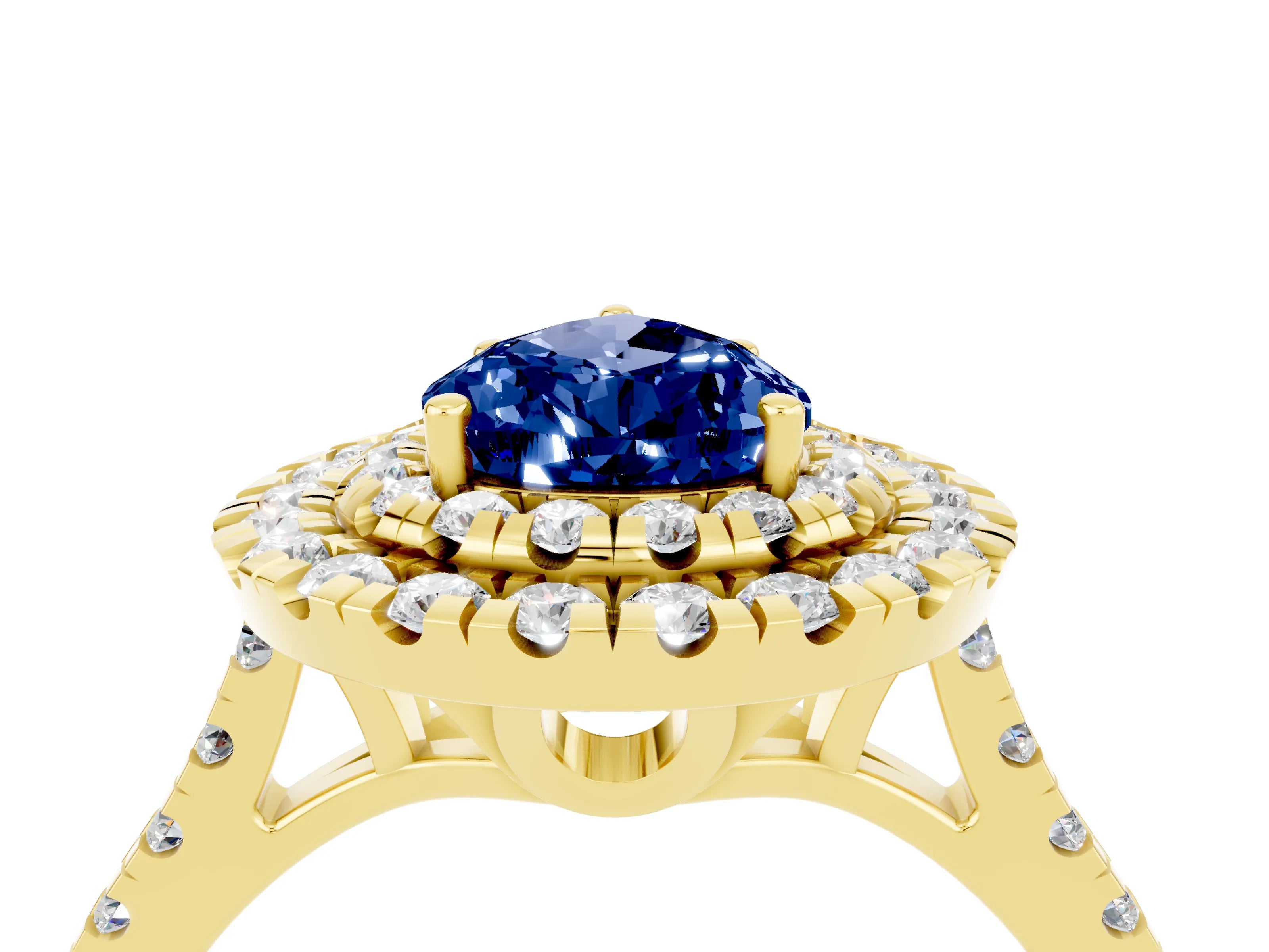 Yellow gold Double Halo Pear Cut Blue Sapphire Pavé Band with Four-Prong Setting_4