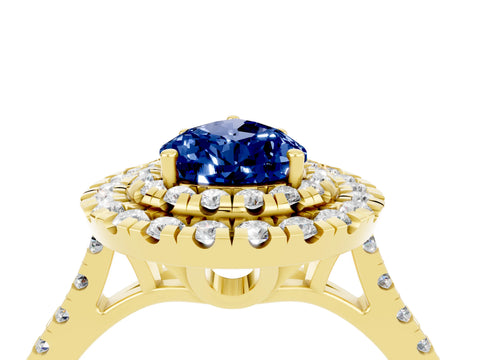 Yellow gold Double Halo Pear Cut Blue Sapphire Pavé Band with Four-Prong Setting_4