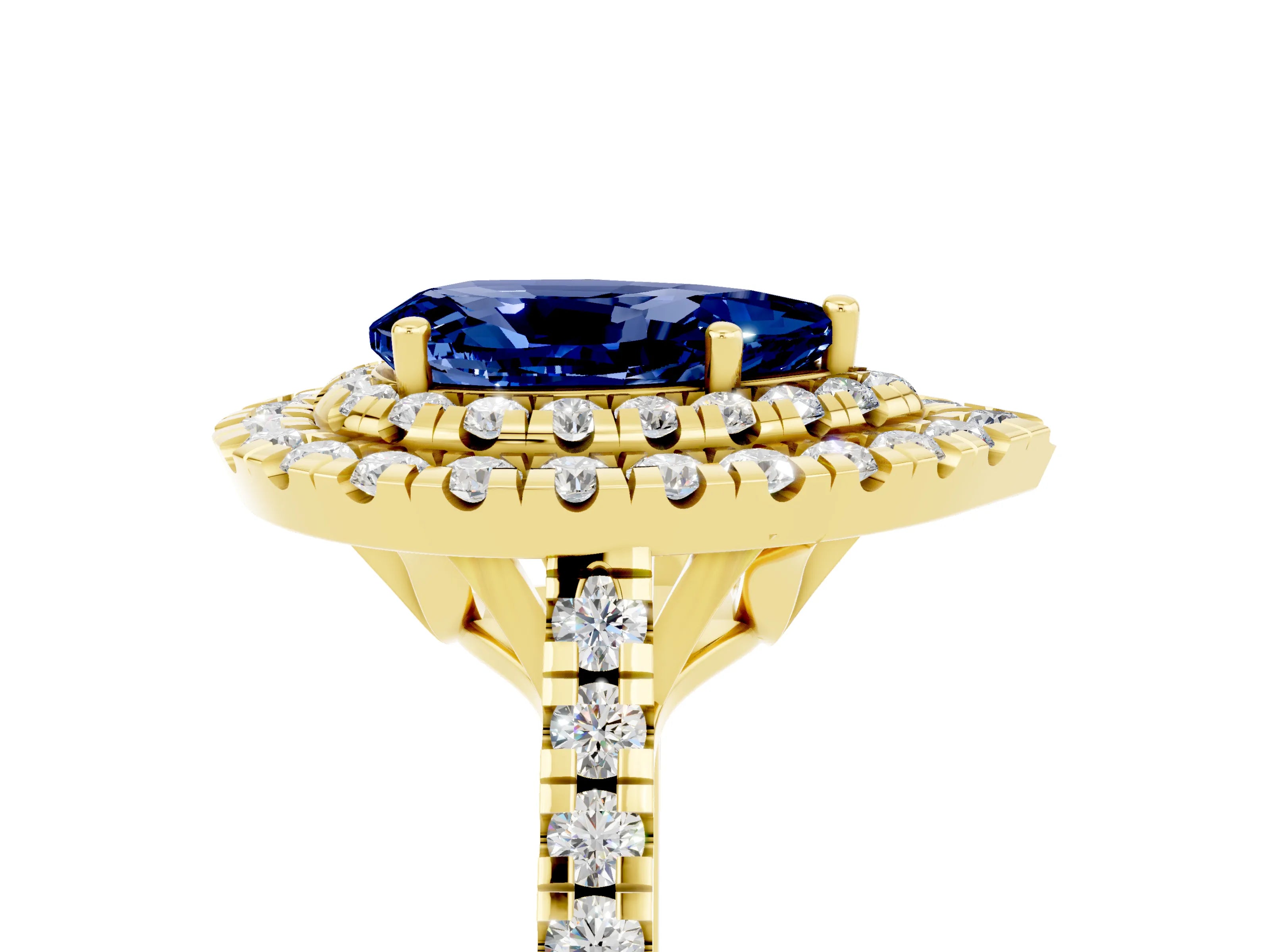 Yellow gold Double Halo Pear Cut Blue Sapphire Pavé Band with Four-Prong Setting_5