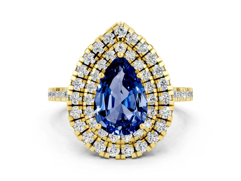 Yellow gold Double Halo Pear Cut Blue Sapphire Pavé Band with Four-Prong Setting