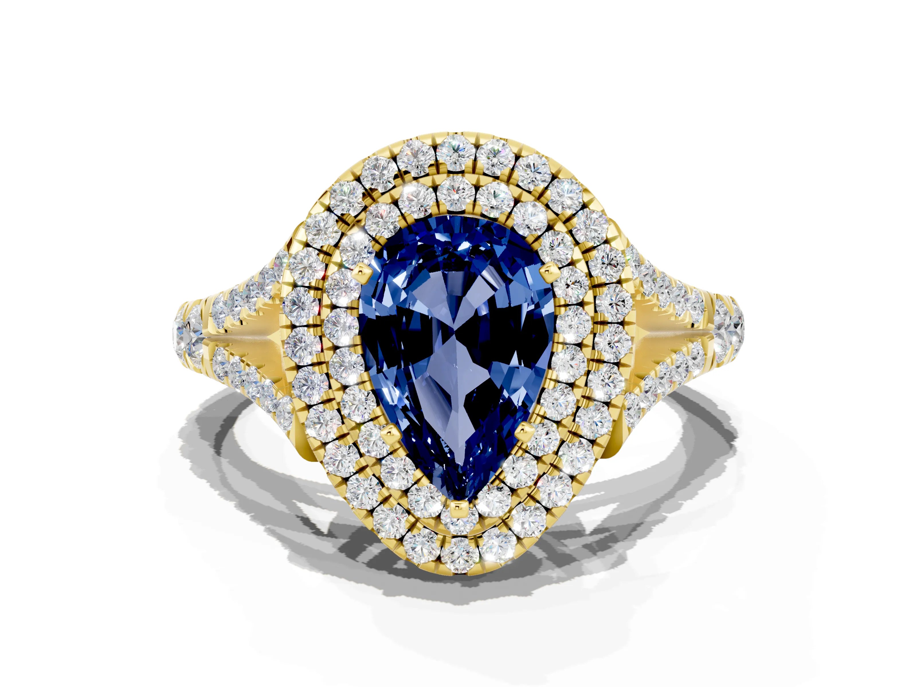 Yellow gold Double Halo Pear Cut Blue Sapphire Pavé Split Shank Ring with Prong Setting