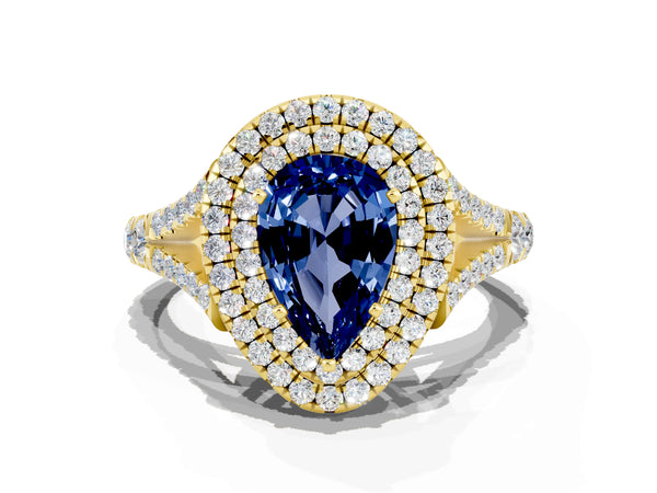 Yellow gold Double Halo Pear Cut Blue Sapphire Pavé Split Shank Ring with Prong Setting