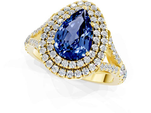 Yellow gold Double Halo Pear Cut Blue Sapphire Pavé Split Shank Ring with Prong Setting_1