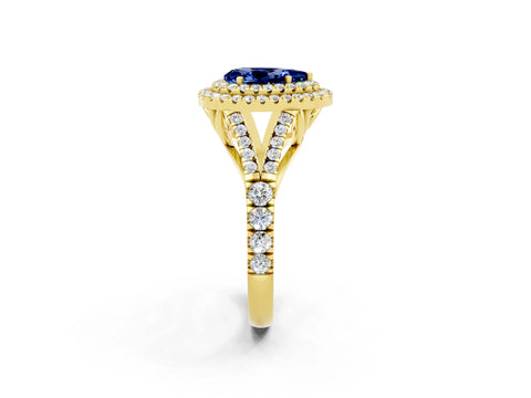 Yellow gold Double Halo Pear Cut Blue Sapphire Pavé Split Shank Ring with Prong Setting_2