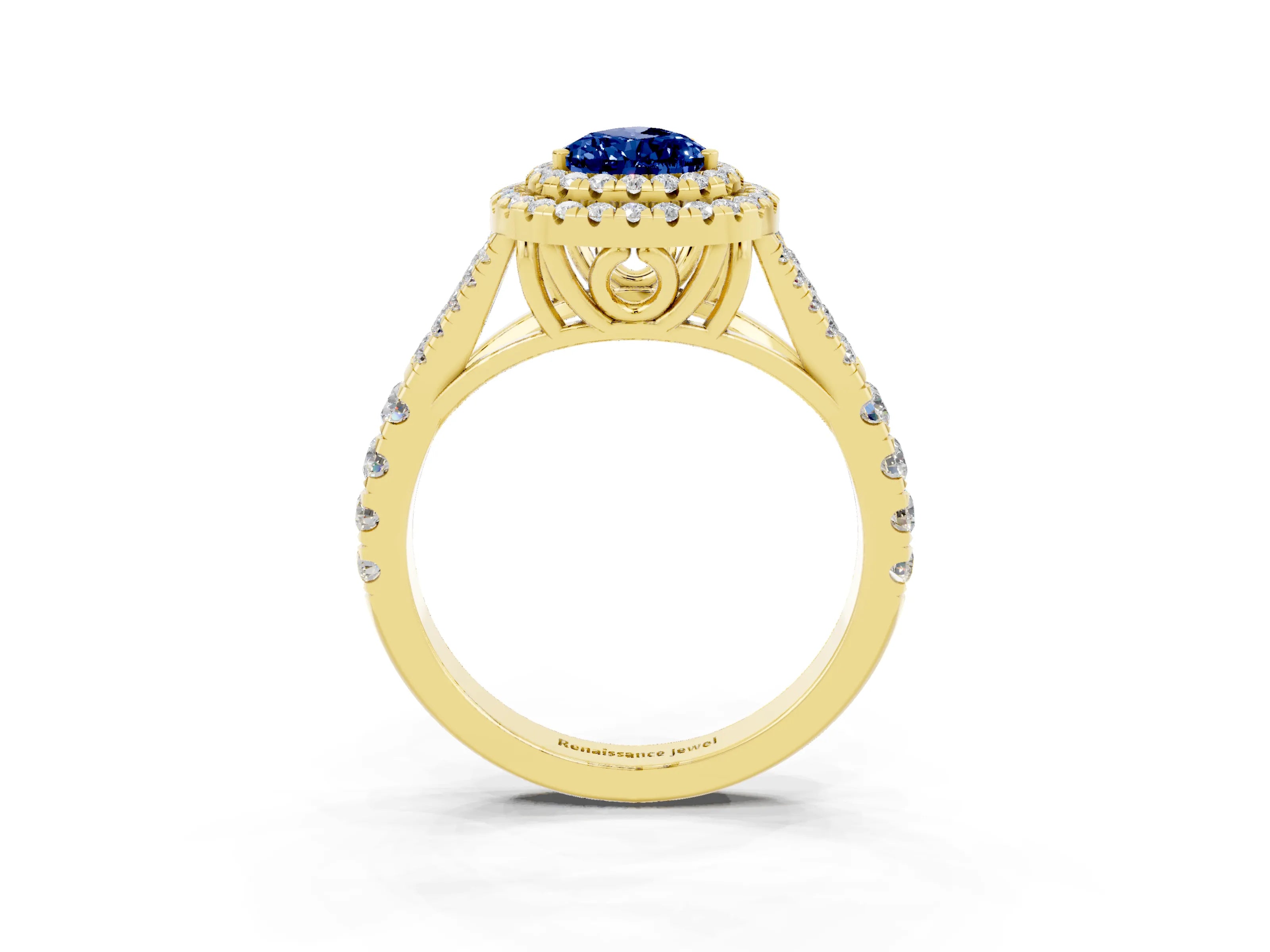 Yellow gold Double Halo Pear Cut Blue Sapphire Pavé Split Shank Ring with Prong Setting_3