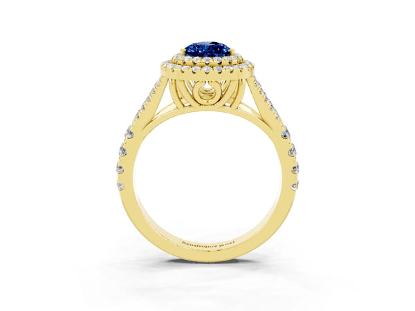 Yellow gold Double Halo Pear Cut Blue Sapphire Pavé Split Shank Ring with Prong Setting
