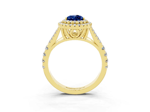 Yellow gold Double Halo Pear Cut Blue Sapphire Pavé Split Shank Ring with Prong Setting_3