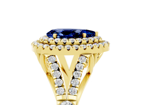 Yellow gold Double Halo Pear Cut Blue Sapphire Pavé Split Shank Ring with Prong Setting_5