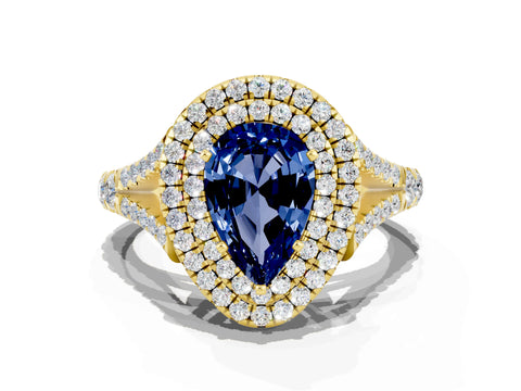 Yellow gold Double Halo Pear Cut Blue Sapphire Pavé Split Shank Ring with Prong Setting