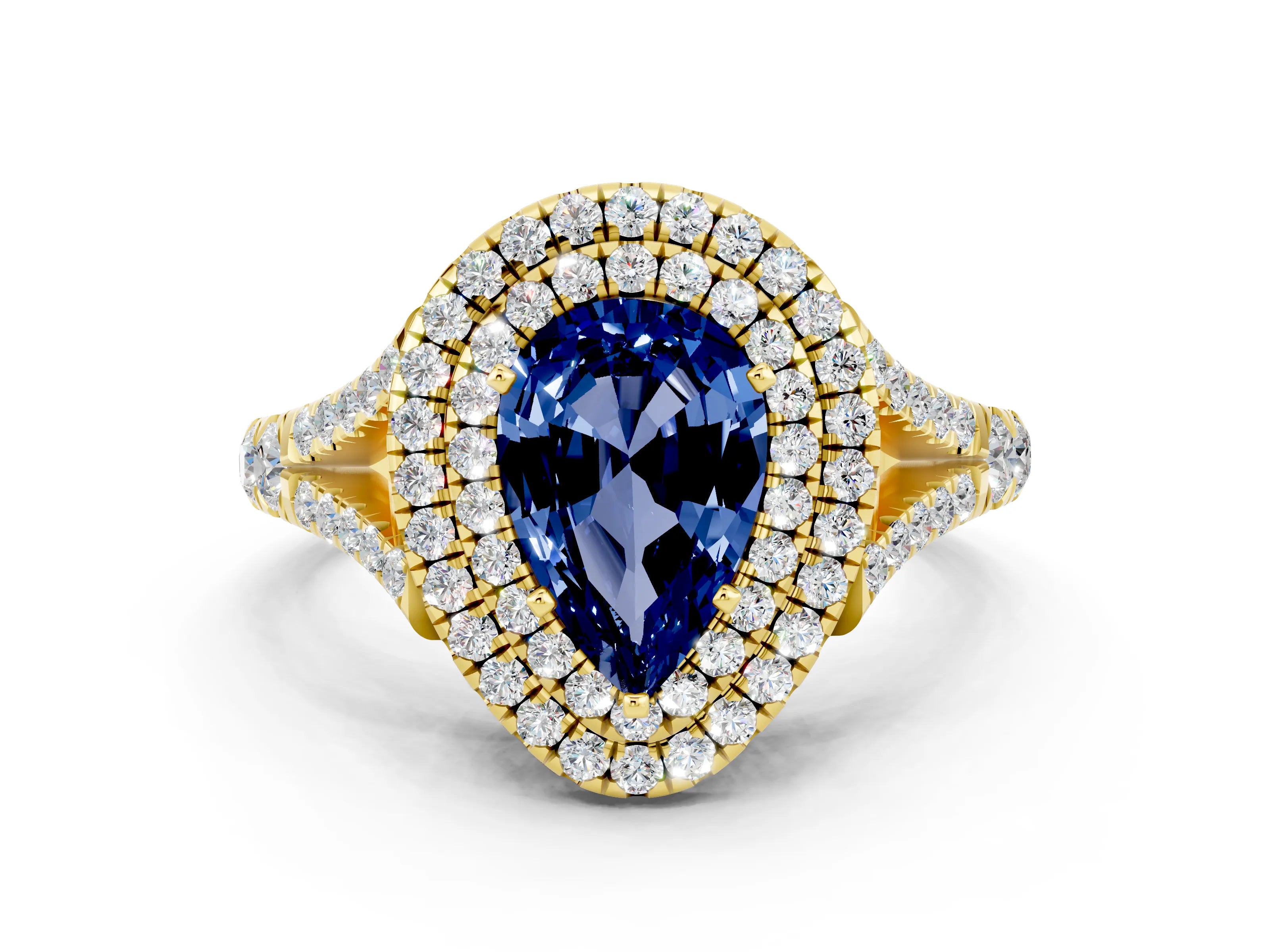 Yellow gold Double Halo Pear Cut Blue Sapphire Split Shank Engagement Ring with Four-Prong Setting