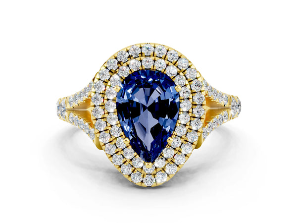 Yellow gold Double Halo Pear Cut Blue Sapphire Split Shank Engagement Ring with Four-Prong Setting
