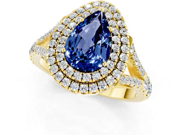 Yellow gold Double Halo Pear Cut Blue Sapphire Split Shank Engagement Ring with Four-Prong Setting