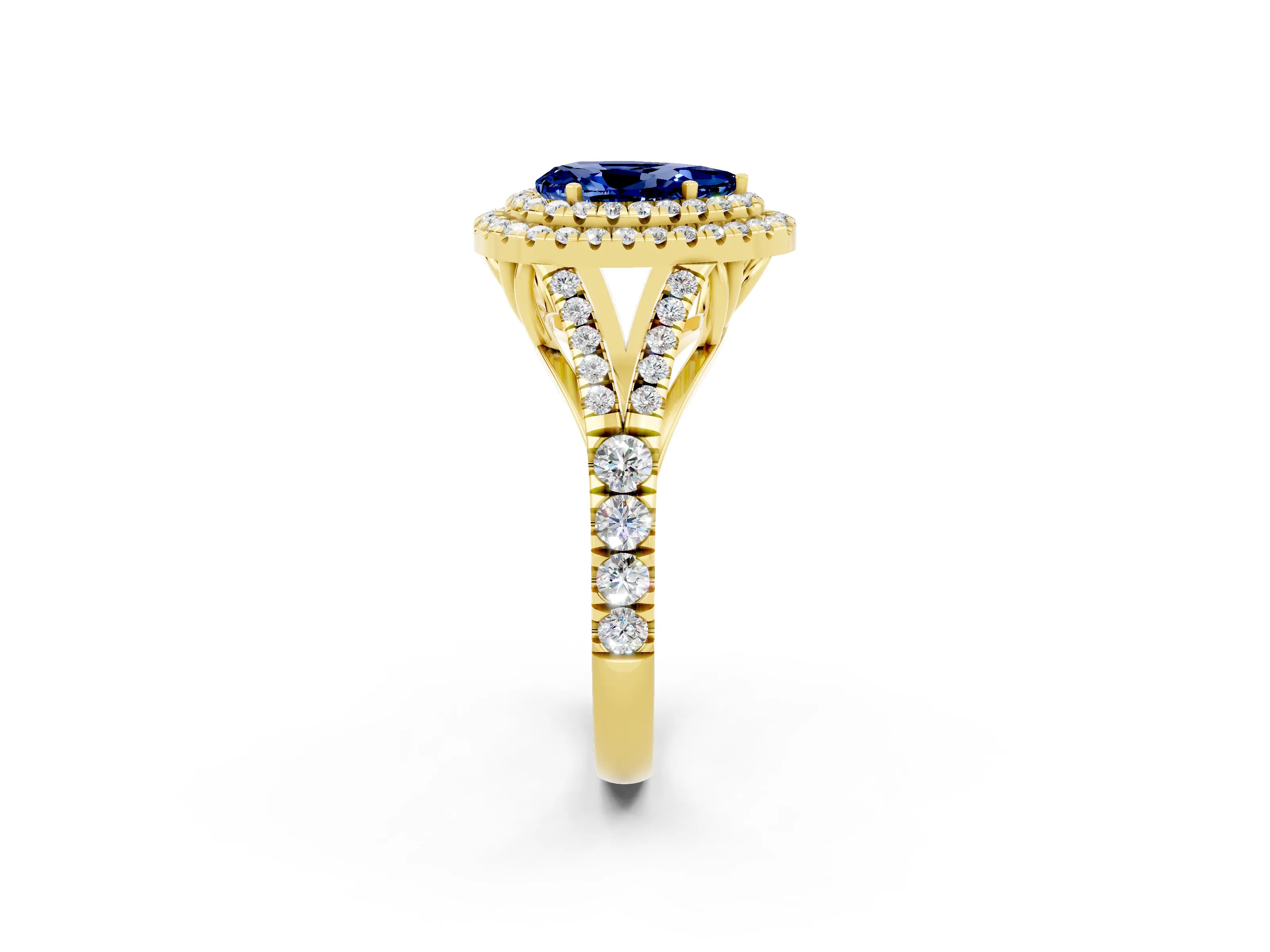 Yellow gold Double Halo Pear Cut Blue Sapphire Split Shank Engagement Ring with Four-Prong Setting_2