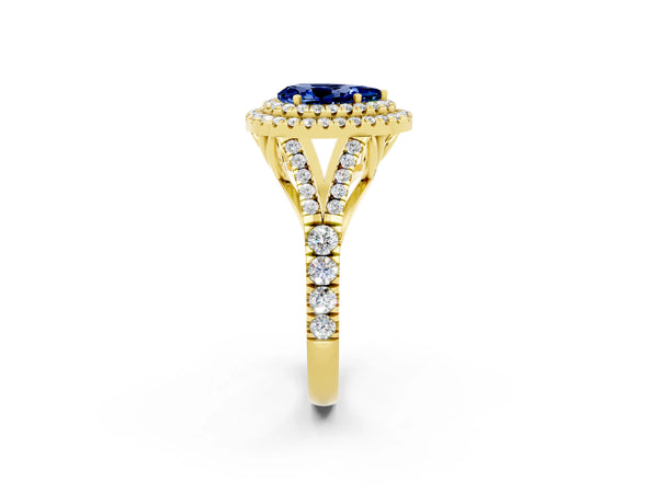 Yellow gold Double Halo Pear Cut Blue Sapphire Split Shank Engagement Ring with Four-Prong Setting