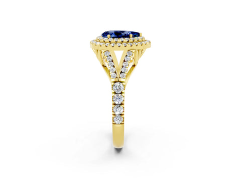 Yellow gold Double Halo Pear Cut Blue Sapphire Split Shank Engagement Ring with Four-Prong Setting_2