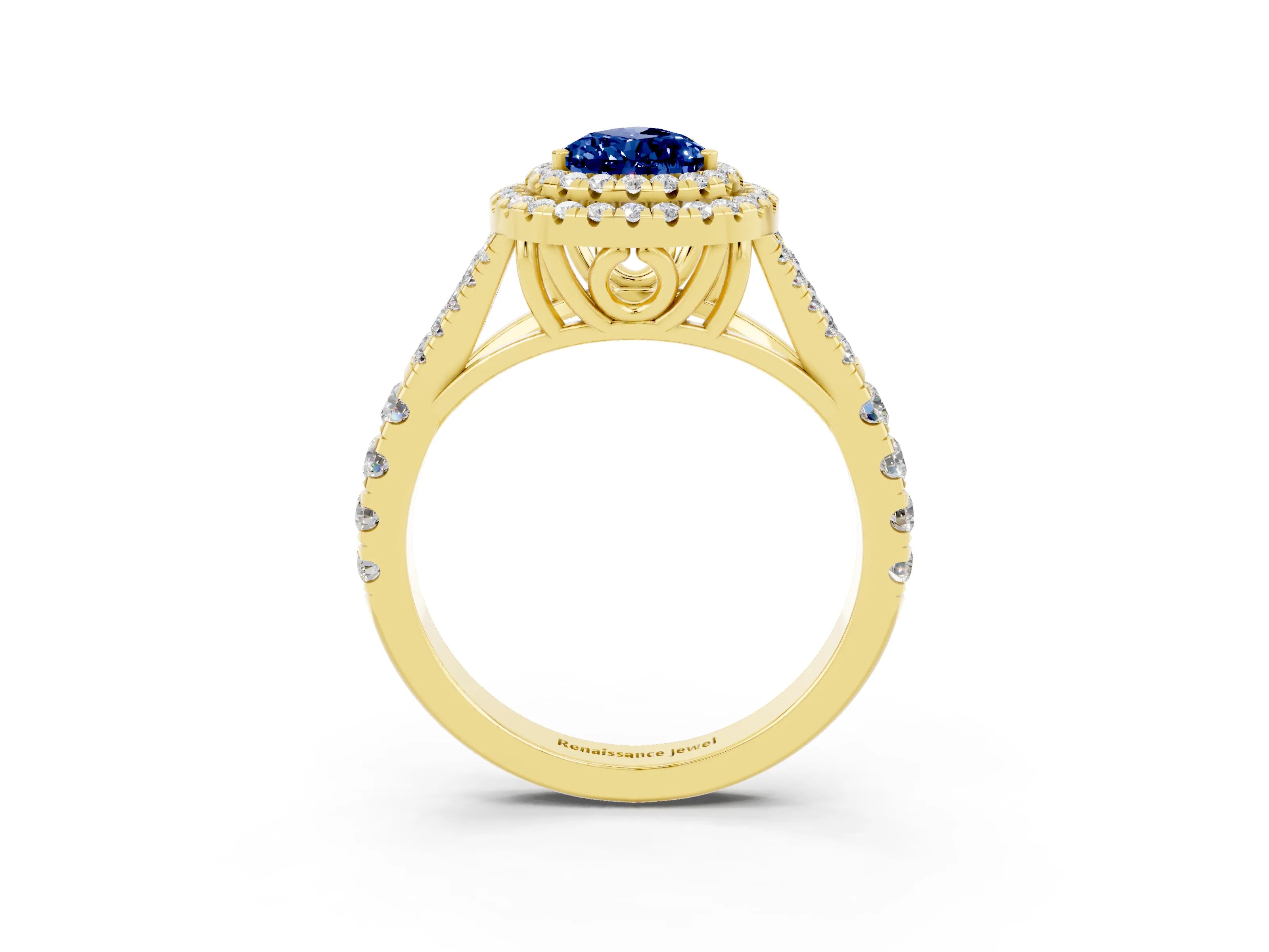 Yellow gold Double Halo Pear Cut Blue Sapphire Split Shank Engagement Ring with Four-Prong Setting_3