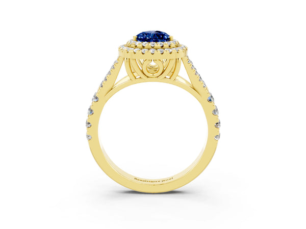 Yellow gold Double Halo Pear Cut Blue Sapphire Split Shank Engagement Ring with Four-Prong Setting
