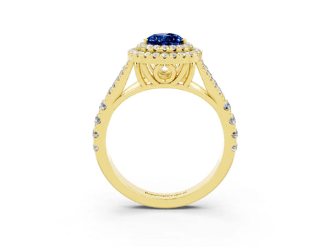 Yellow gold Double Halo Pear Cut Blue Sapphire Split Shank Engagement Ring with Four-Prong Setting_3