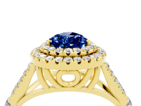 Yellow gold Double Halo Pear Cut Blue Sapphire Split Shank Engagement Ring with Four-Prong Setting_4