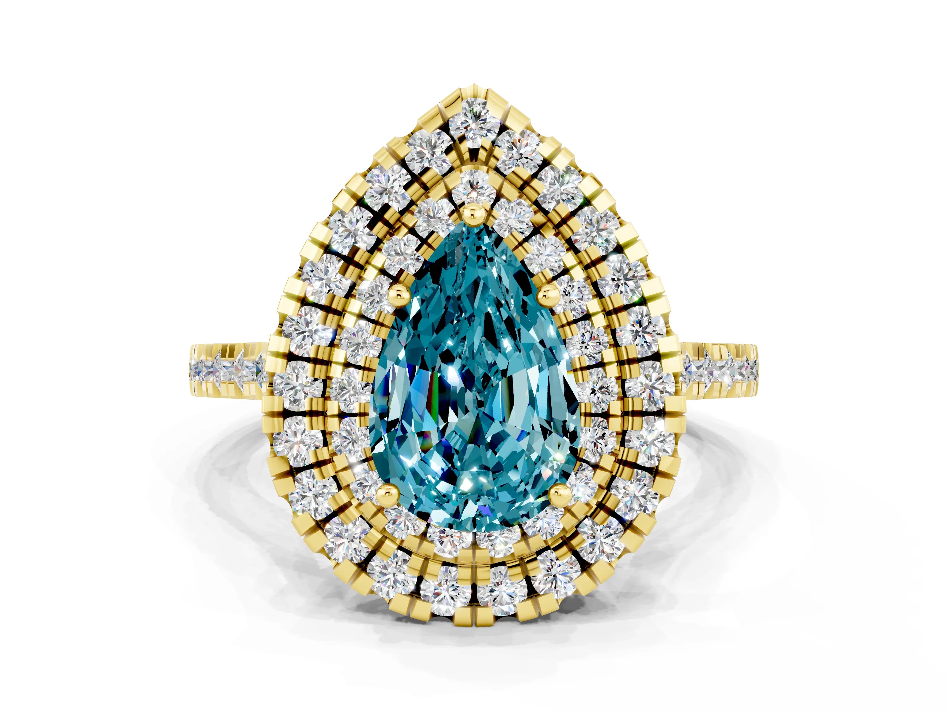 Yellow gold Double Halo Pear Cut Blue Topaz Pavé Band with Four-Prong Setting