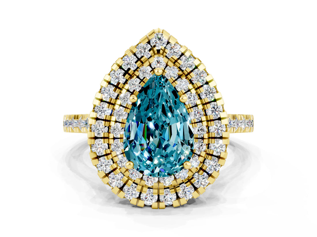 Yellow gold Double Halo Pear Cut Blue Topaz Pavé Band with Four-Prong Setting