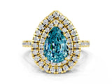 Yellow gold Double Halo Pear Cut Blue Topaz Pavé Band with Four-Prong Setting