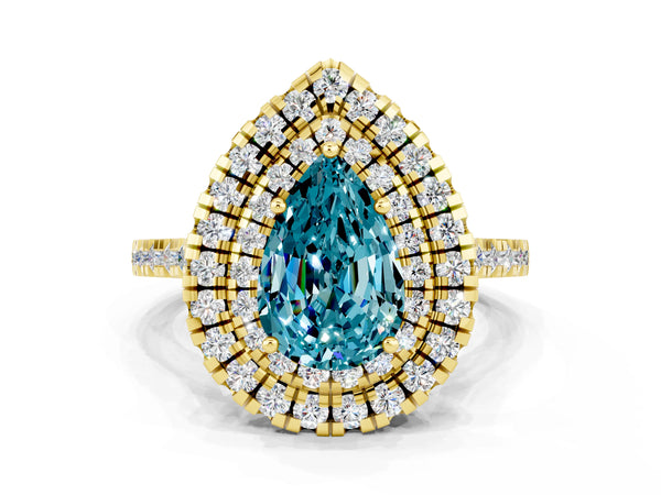 Yellow gold Double Halo Pear Cut Blue Topaz Pavé Band with Four-Prong Setting