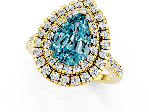 Yellow gold Double Halo Pear Cut Blue Topaz Pavé Band with Four-Prong Setting