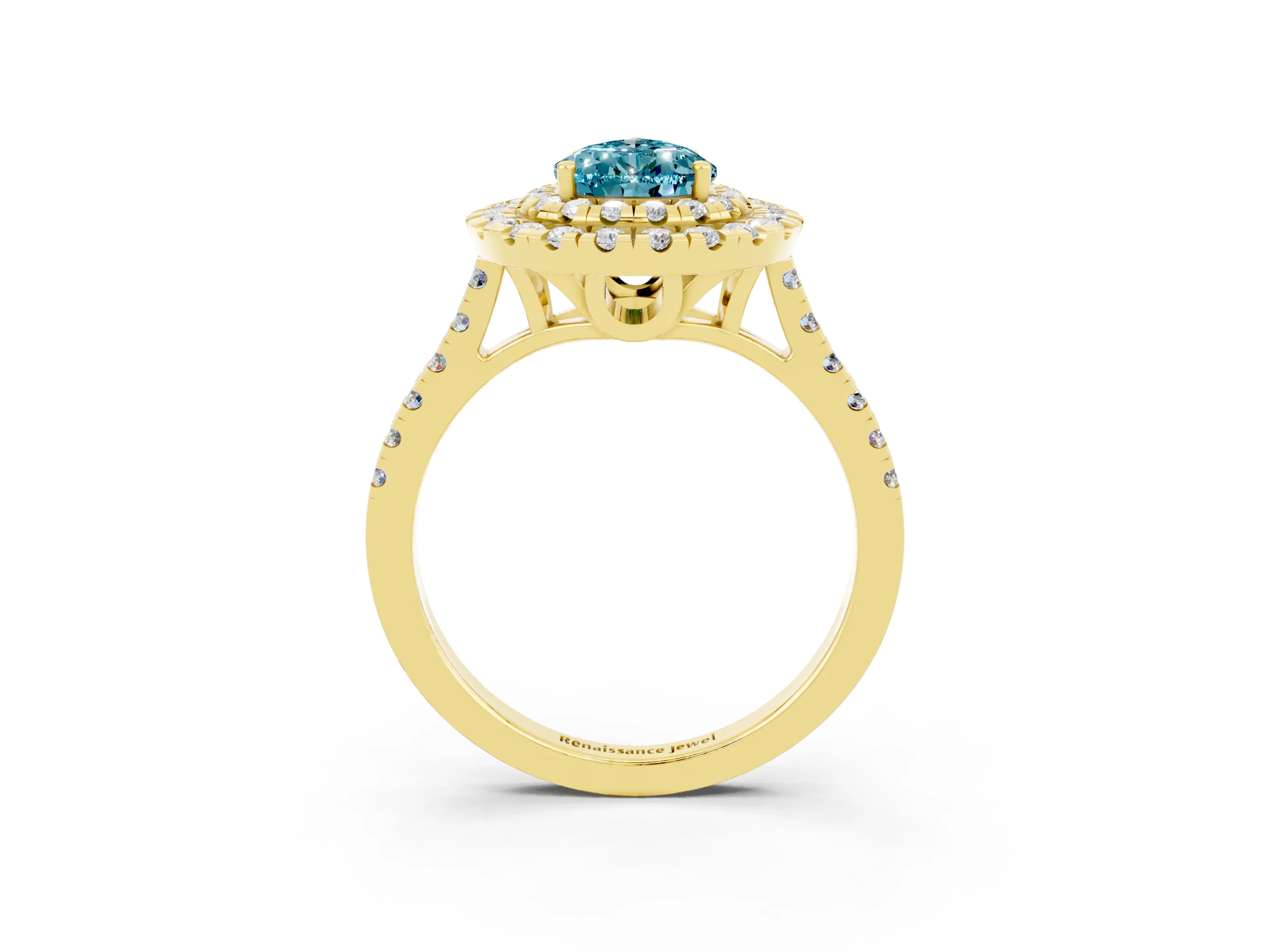 Yellow gold Double Halo Pear Cut Blue Topaz Pavé Band with Four-Prong Setting_3