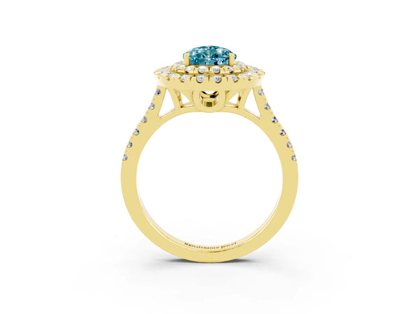 Yellow gold Double Halo Pear Cut Blue Topaz Pavé Band with Four-Prong Setting